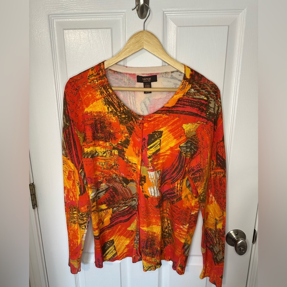 Vintage Victor Alfaro Abstract Knit Cardigan Womens Size Large Silk Blend